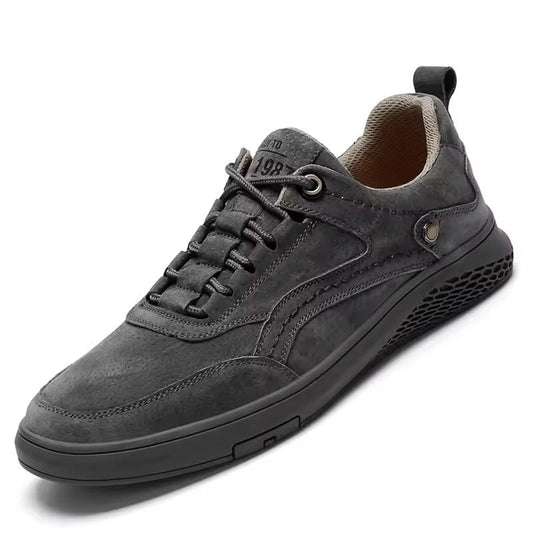 Effortless Gray Leather Sneaker for Women with Lace Up Padded Collar Cushioned Sole Casual Style