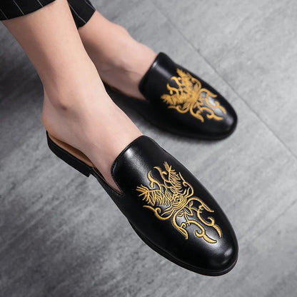 Stylish Embroidered Dragon Leather Mule for Women with Backless Slip On Round Toe Casual Style