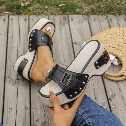 Comfortable Platform Sandals for Women with Double Buckle Strap Studded Wood Look Slide Style