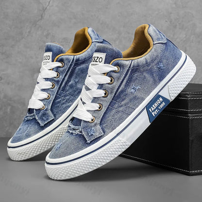 Effortless Denim Canvas Sneaker for Women with Lace Up Distressed Low Top Casual Style