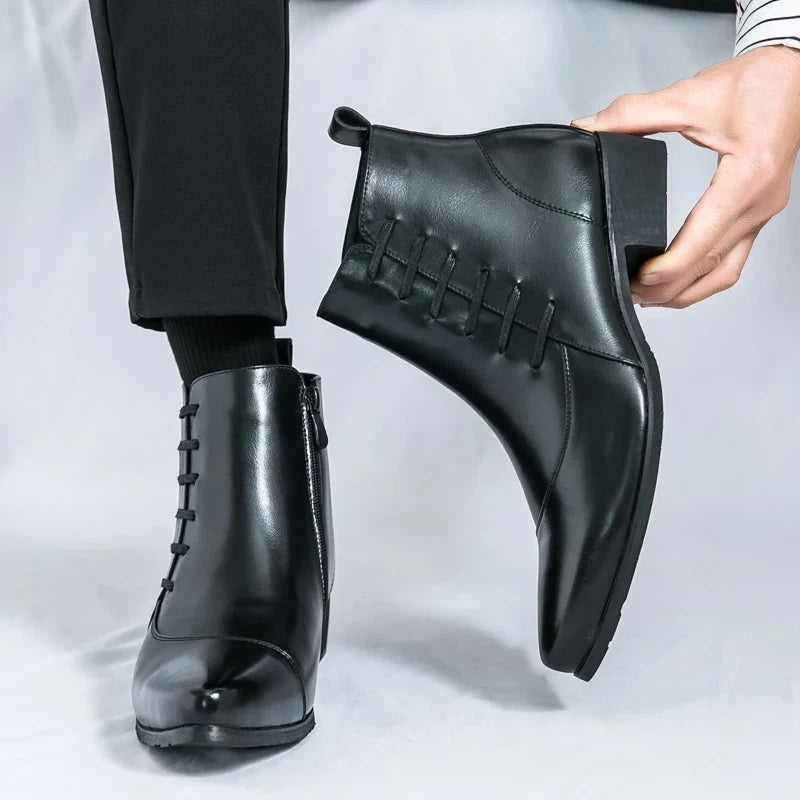 Elegant Leather Ankle Boots for Women with Pointed Toe Lace Up Side Zip Detail Style