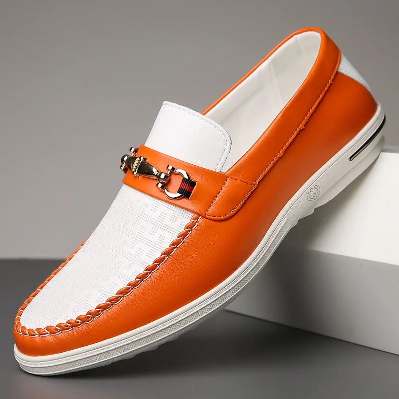 Effortless Two Tone Leather Loafers for Women with Round Toe Horsebit Buckle Backless Mule Casual Style