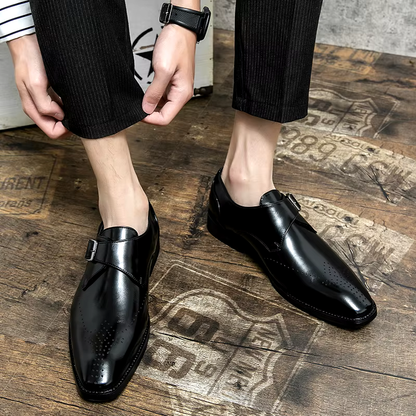 Stylish Leather Monk Strap Dress Shoe for Women with Pointed Toe Brogue Detail Buckle Closure Style