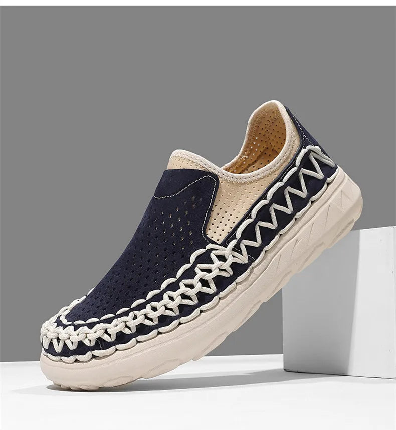 Comfortable Suede Slip On Loafer Sneaker for Women with Woven Stitch Perforated Chunky Sole Style