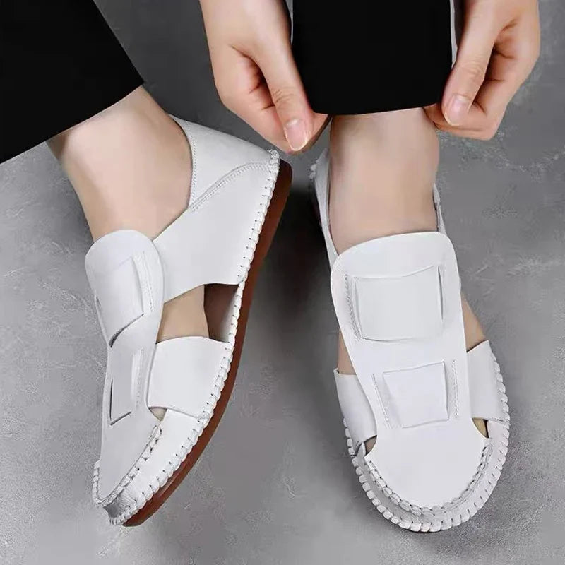 Effortless Leather Loafer Sandal for Women with Round Toe Cutout Slip On Casual Style