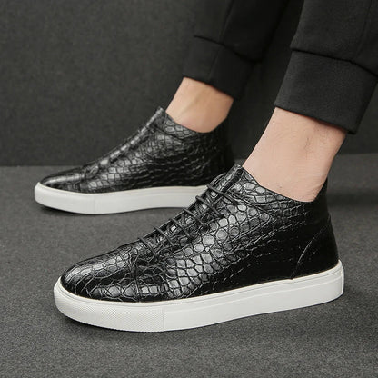 Stylish Crocodile Embossed Leather High Top Sneakers for Women with Lace Up Round Toe Relaxed Casual Style