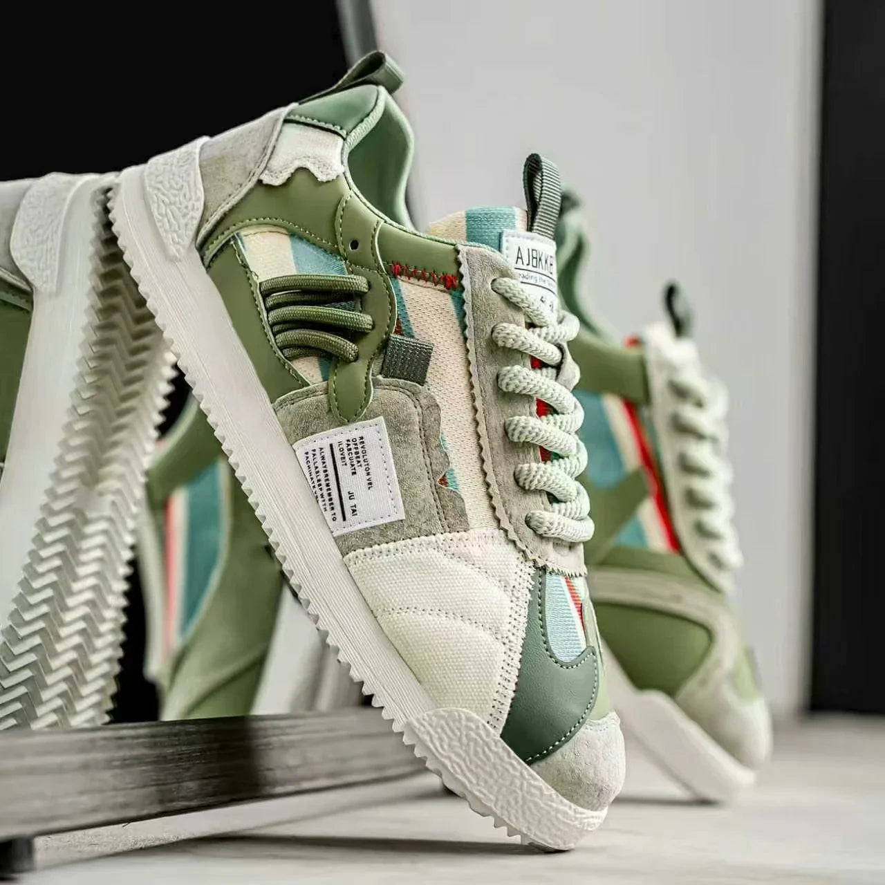 Stylish Colorblock Suede Sneaker for Women with Lace Up Contrast Panel Chunky Sole Retro Style