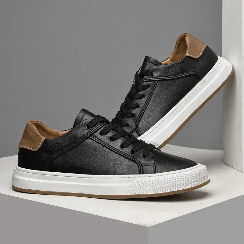 Stylish Leather Fashion Sneaker for Women with Lace Up Round Toe Contrast Heel Casual Style