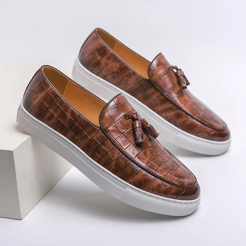 Stylish Croc Embossed Leather Loafer for Women with Tassel Detail Slip-On Round Toe Casual Style