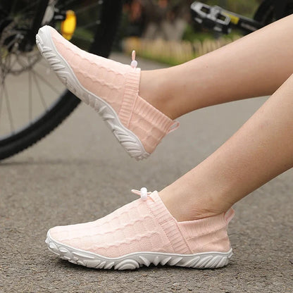 Comfortable Knit Slip On Sneaker for Women with Drawstring Closure Chunky Sole Lightweight Casual Style