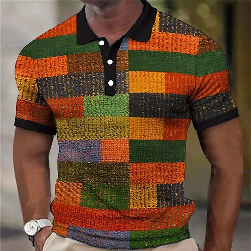 Stylish Multicolor Colorblock Patchwork Polo Shirt with Collared Short Sleeve Button Placket Textured Casual Style