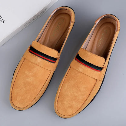 Comfortable Suede Loafers for Women with Moc Toe Ribbon Stripe Slip On Casual Style