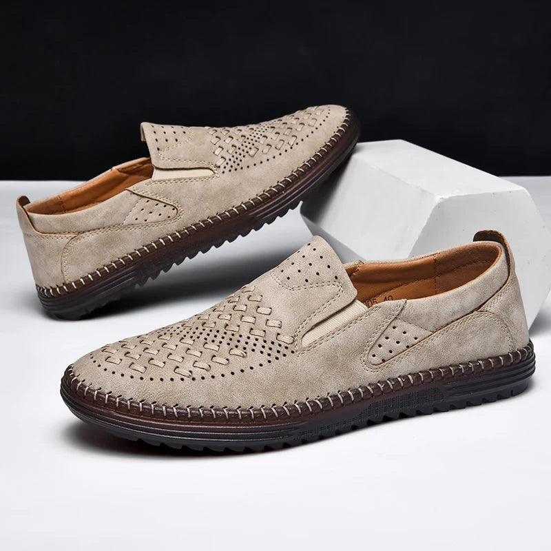 Comfortable Woven Leather Loafers for Women with Perforated Toe Slip On Hand Stitched Casual Style