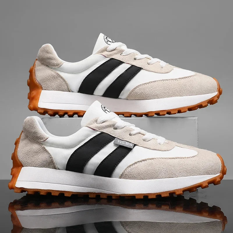 Effortless Suede Sneaker for Women with Lace Up Striped Panel Chunky Sole Retro Style