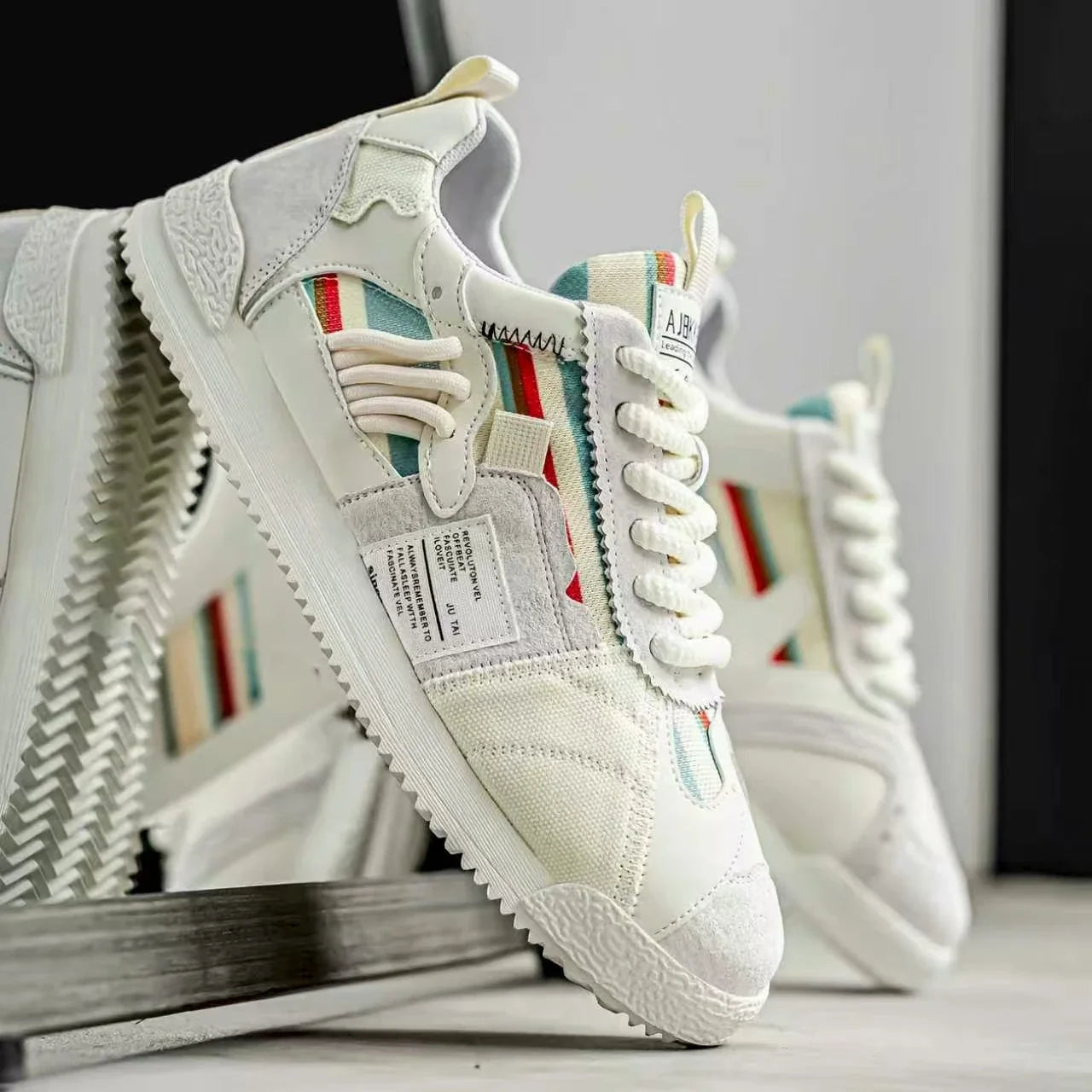 Stylish Colorblock Suede Sneaker for Women with Lace Up Contrast Panel Chunky Sole Retro Style