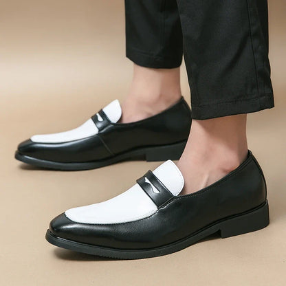 Elegant Leather Penny Loafers for Women with Contrast Panel Pointed Toe Slip On Formal Style