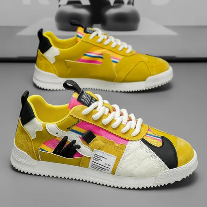 Stylish Colorblock Suede Sneaker for Women with Lace Up Contrast Panel Chunky Sole Retro Style