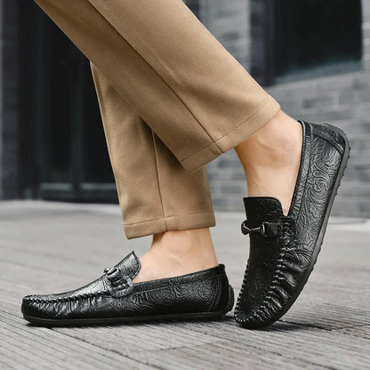 Stylish Embossed Leather Loafer for Women with Horsebit Buckle Moc Toe Casual Style