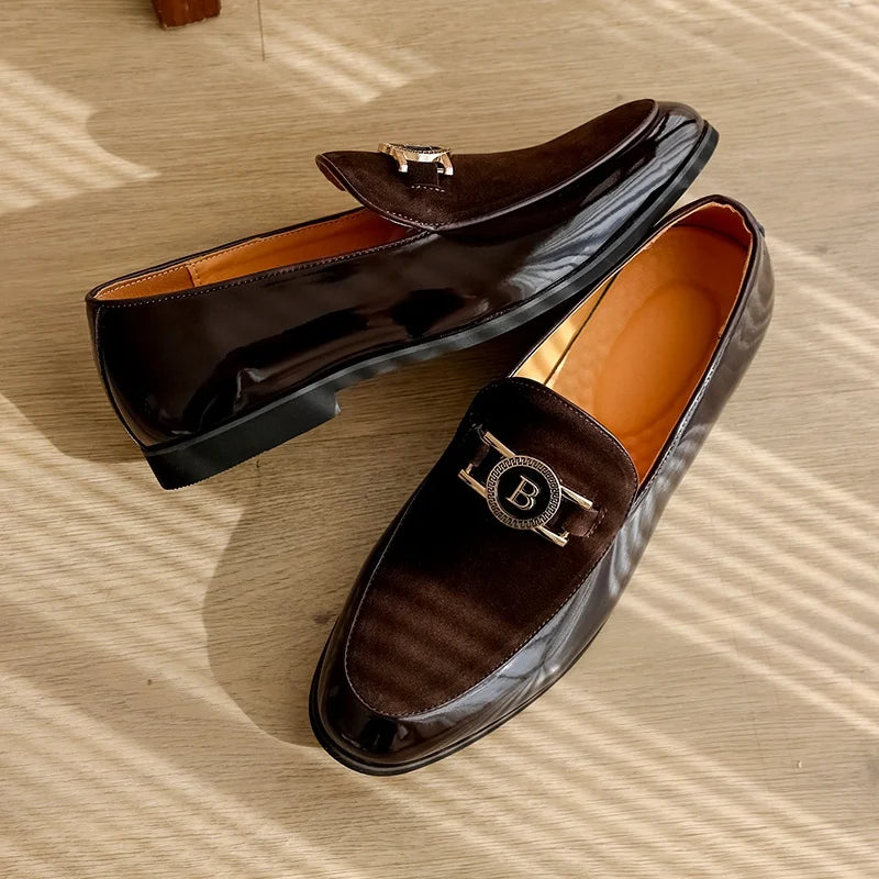 Stylish Suede Loafers for Women with Patent Toe Cap Metallic Buckle Slip On Style
