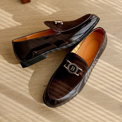 Stylish Suede Loafers for Women with Patent Toe Cap Metallic Buckle Slip On Style