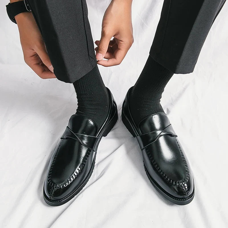 Stylish Leather Penny Loafers for Women with Woven Strap Stitched Apron Chunky Sole Style