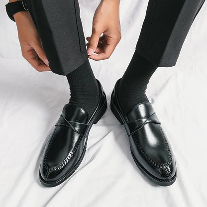 Stylish Leather Penny Loafers for Women with Woven Strap Stitched Apron Chunky Sole Style