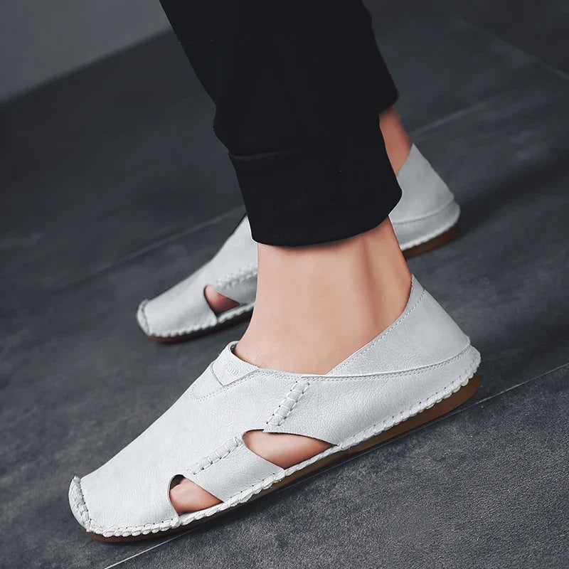 Comfortable Leather Slip On Sandal for Women with Closed Toe Cutout Hand Stitched Flat Style
