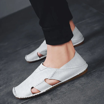 Comfortable Leather Slip On Sandal for Women with Closed Toe Cutout Hand Stitched Flat Style