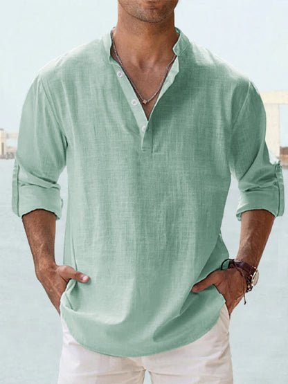 Effortless Linen Shirt for Women with Band Collar Long Sleeve Button Placket Relaxed Style