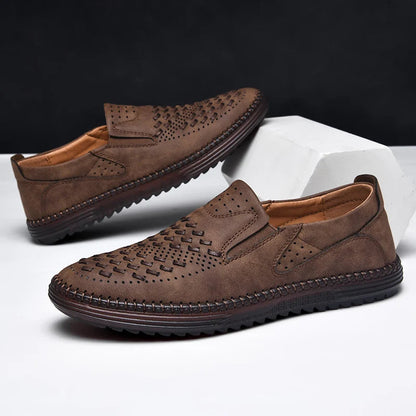 Comfortable Woven Leather Loafers for Women with Slip On Round Toe Perforated Casual Style