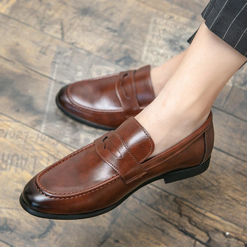 Elegant Leather Penny Loafers for Women with Slip On Round Toe Stacked Heel Classic Style
