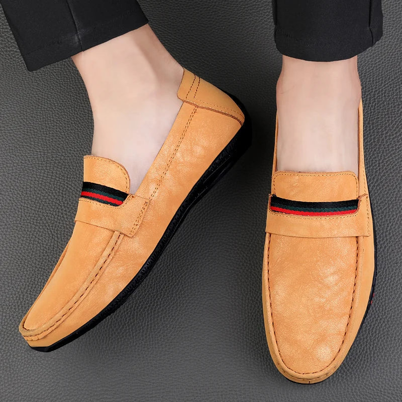 Comfortable Suede Loafers for Women with Moc Toe Ribbon Stripe Slip On Casual Style