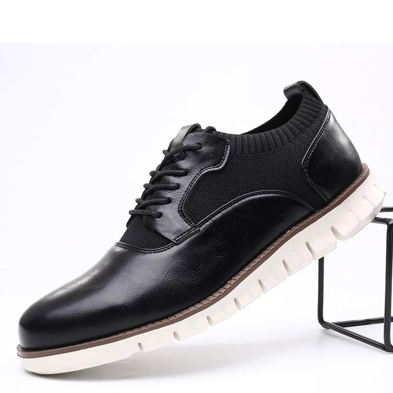 Stylish Leather Sneaker for Women with Round Toe Lace-Up Knit Panel Lug Sole Casual Style