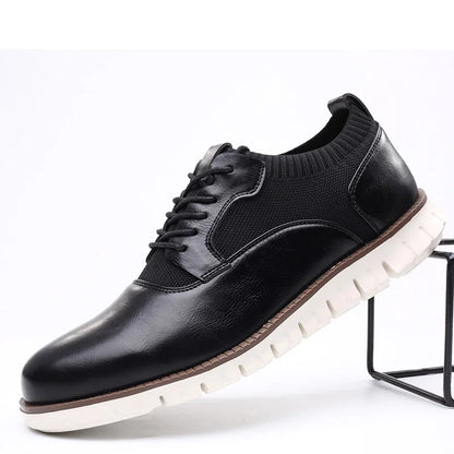 Stylish Leather Sneaker for Women with Round Toe Lace-Up Knit Panel Lug Sole Casual Style