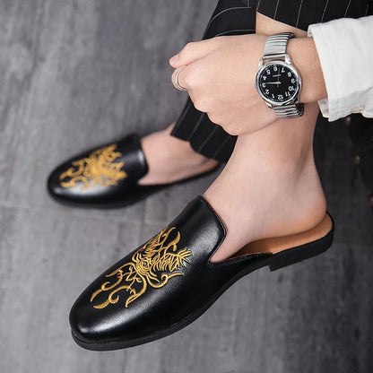 Stylish Embroidered Dragon Leather Mule for Women with Backless Slip On Round Toe Casual Style