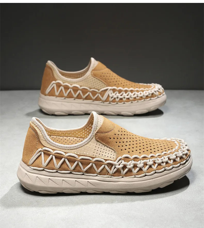 Comfortable Suede Slip On Loafer Sneaker for Women with Woven Stitch Perforated Chunky Sole Style