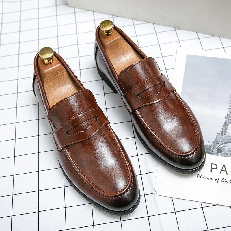 Elegant Leather Penny Loafers for Women with Slip On Round Toe Stacked Heel Classic Style