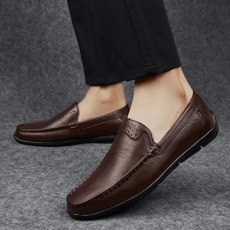 Comfortable Leather Loafer for Women with Round Toe Slip-On Stitched Apron Casual Style