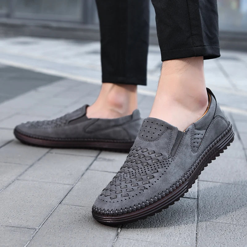 Comfortable Woven Leather Loafers for Women with Slip On Round Toe Perforated Casual Style