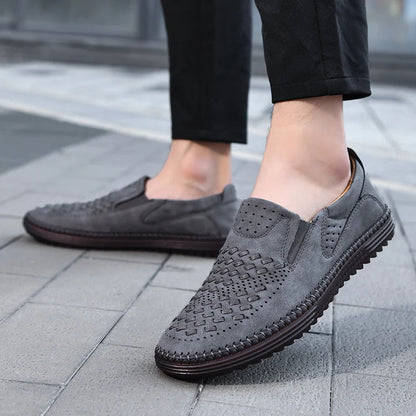 Comfortable Woven Leather Loafers for Women with Slip On Round Toe Perforated Casual Style