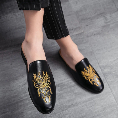 Stylish Embroidered Dragon Leather Mule for Women with Backless Slip On Round Toe Casual Style