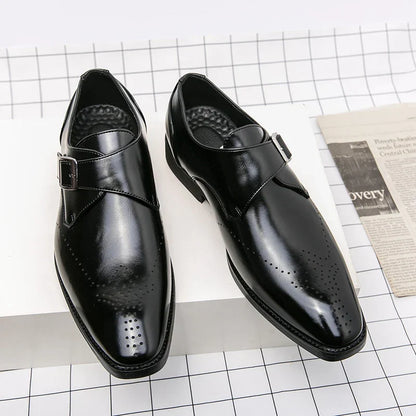 Stylish Leather Monk Strap Dress Shoe for Women with Pointed Toe Brogue Detail Buckle Closure Style