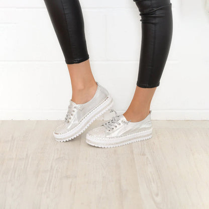 Elegant Silver Rhinestone Platform Sneaker for Women with Round Toe Lace Up Quilted Trim Casual Style