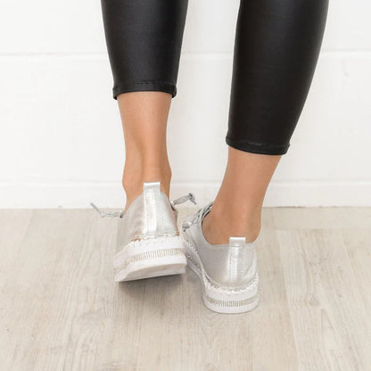Elegant Silver Rhinestone Platform Sneaker for Women with Round Toe Lace Up Quilted Trim Casual Style