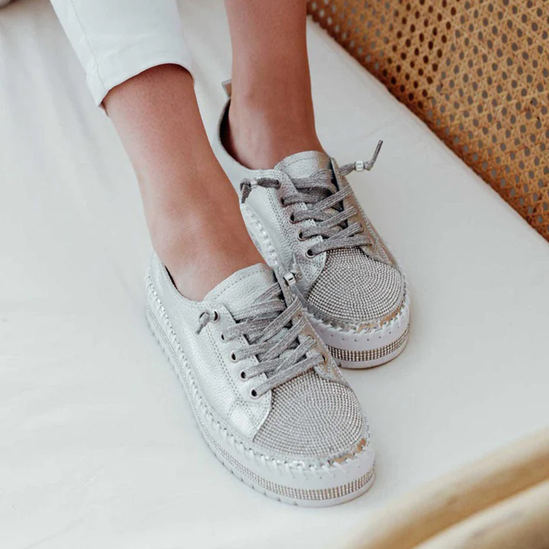 Elegant Silver Rhinestone Platform Sneaker for Women with Round Toe Lace Up Quilted Trim Casual Style