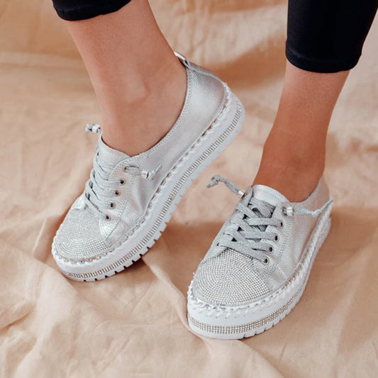 Elegant Silver Rhinestone Platform Sneaker for Women with Round Toe Lace Up Quilted Trim Casual Style
