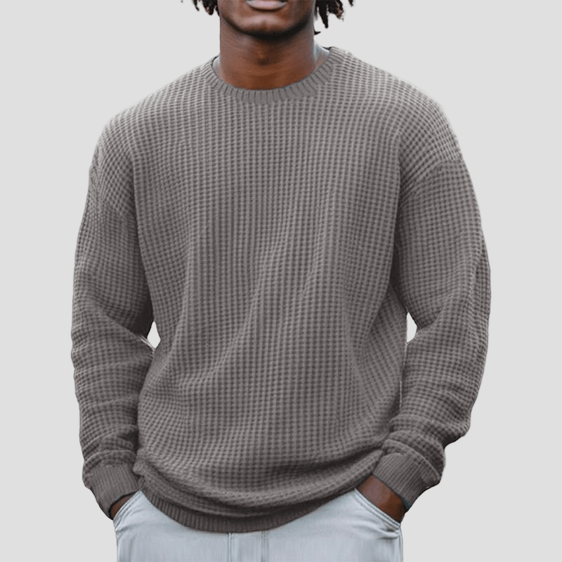 Comfortable Brown Waffle Knit Sweater for Women with Crew Neck Long Sleeve Relaxed Oversized Knit Style