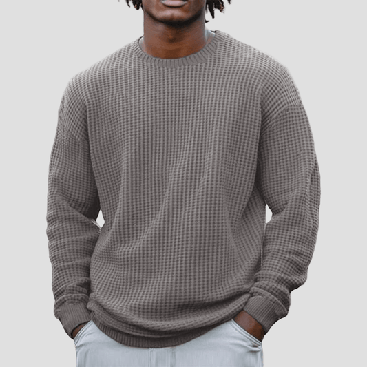 Comfortable Brown Waffle Knit Sweater for Women with Crew Neck Long Sleeve Relaxed Oversized Knit Style