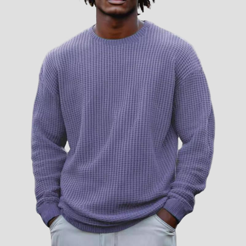 Comfortable Brown Waffle Knit Sweater for Women with Crew Neck Long Sleeve Relaxed Oversized Knit Style
