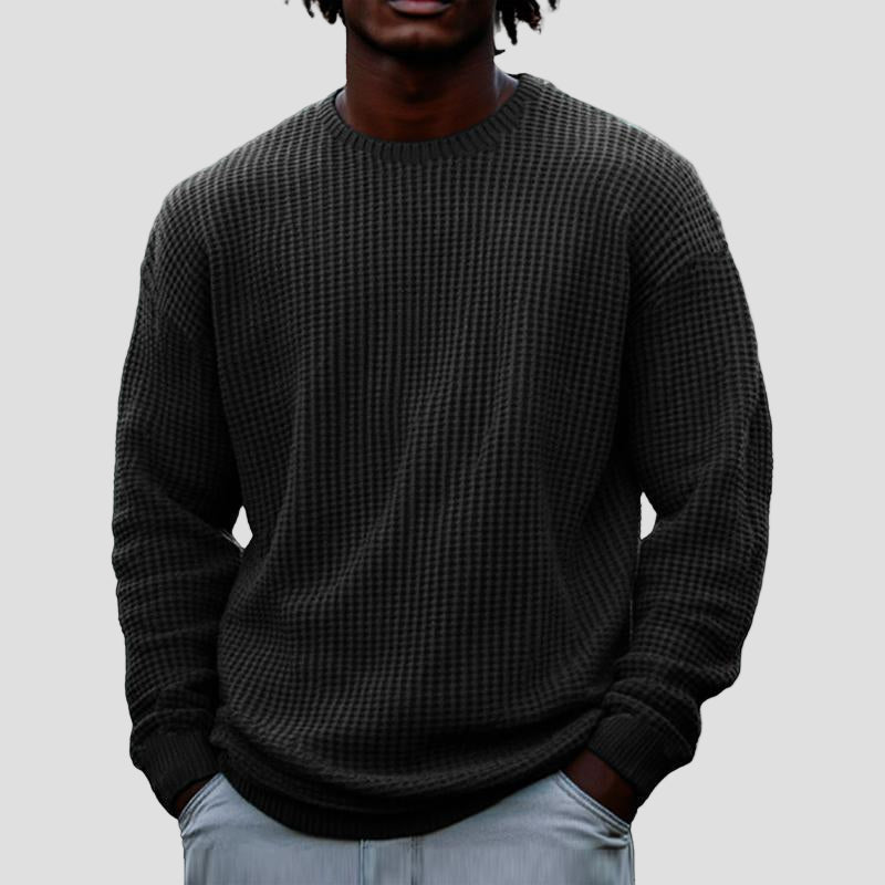 Comfortable Brown Waffle Knit Sweater for Women with Crew Neck Long Sleeve Relaxed Oversized Knit Style